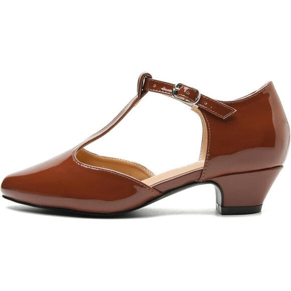 Womens T-Strap Low Chunky Heel Mary Jane Pumps Brown Patent Size 12.5 (45) - Picture 6 of 13